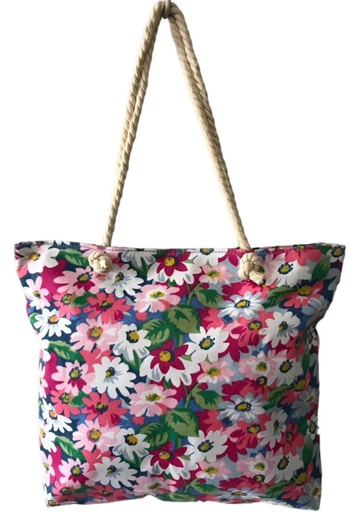 Сумка пляжная женская летняя из ткани на молнии с цветками Розовый (030)