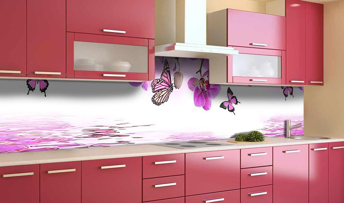 Кухонный фартук Орхидеи и бабочки из самоклеющейся виниловой пленки 60х250 см Розовый Кухонный фартук Орхидеи и бабочки из самоклеющейся виниловой пленки 60х250 см Розовый