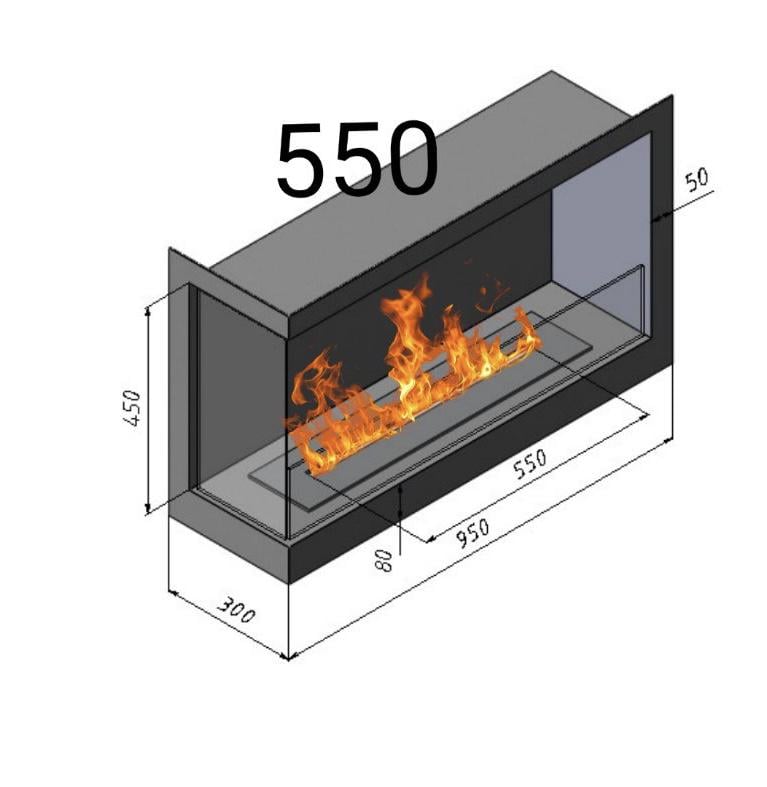 Камін вбудований кутовий лівий 3000 Вт 950 мм з пальником та захисним склом з лінією вогню 550 мм Чорний (кл950) - фото 3