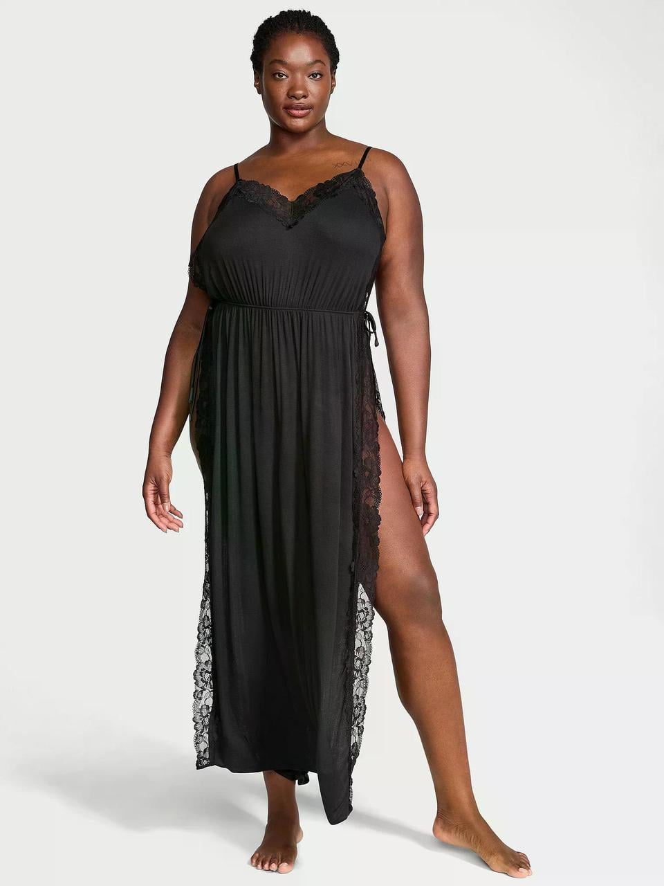 Нічна сукня жіноча Victoria's Secret Modal Ribbed Lace-Trim Long Slip Dress з мереживом S Чорний (37022160)