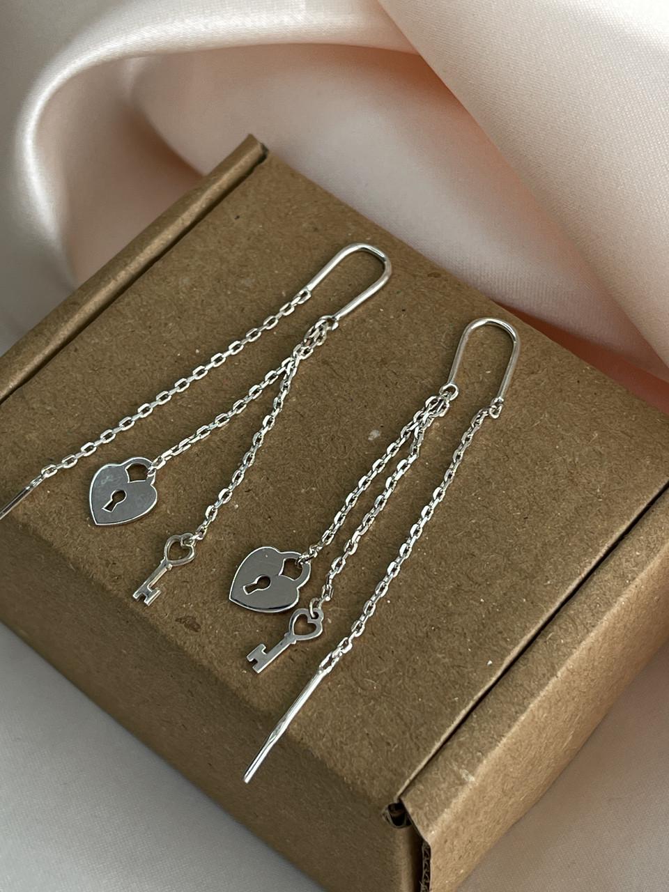 Сережки срібні протяжки Замок і ключ подвійні 925 проба (26943743) - фото 2
