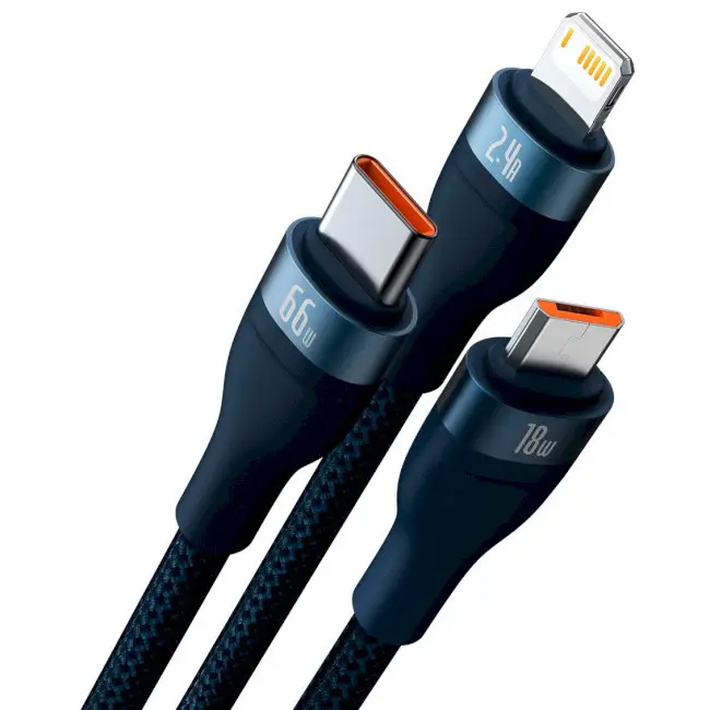 Кабель BASEUS Flash Series II 3в1 Cable USB to MicroUSB/Lightning/Type-C CASS040003 66W 1,2 м Blue - фото 2