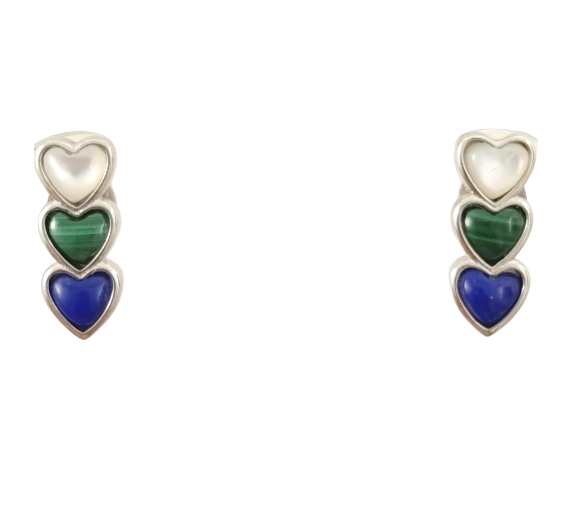 Серебряные серьги с лазуритом/малахитом и перламутром Сердечки (Е5217G)