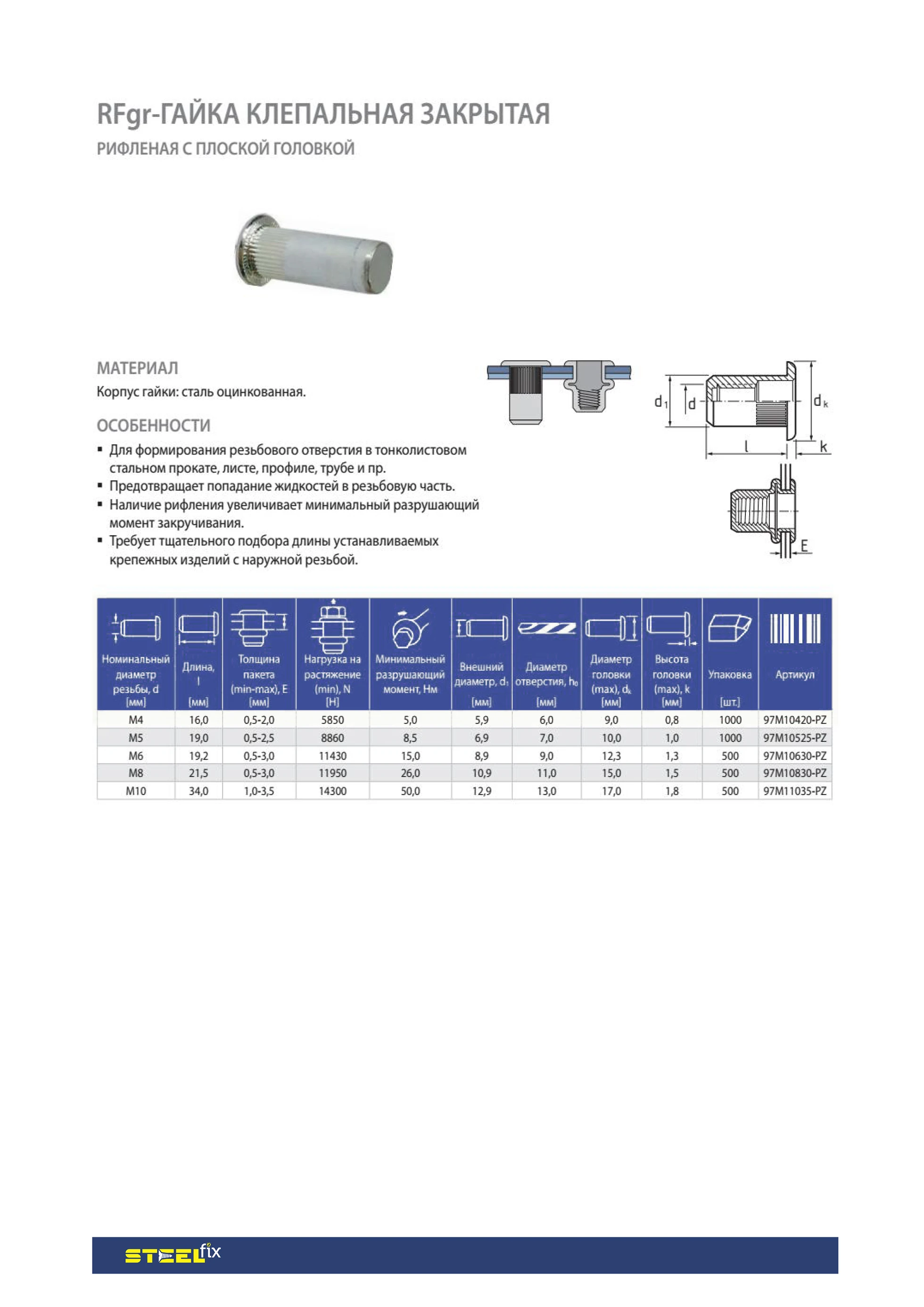 Гайка клепальная Steelfix М3 закрытая рифленая с плоской головкой 0,5-1,5 мм 500 шт. (135781) - фото 2