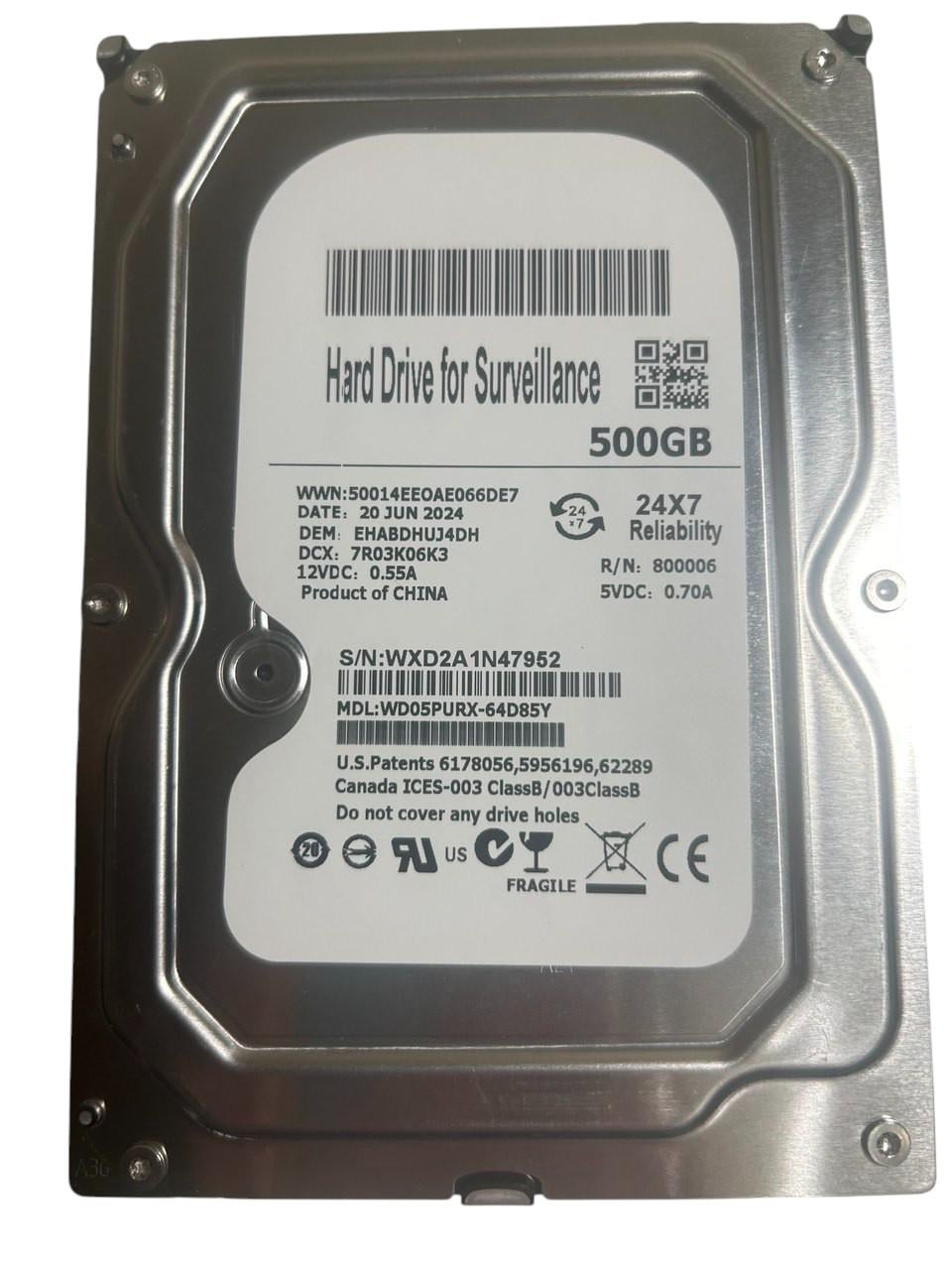 Жорсткий диск SATA WD Purple Surveillance 5400 об/хв для відеоспостереження 3,5" 500 GB (WD05PURX-64D85Y)