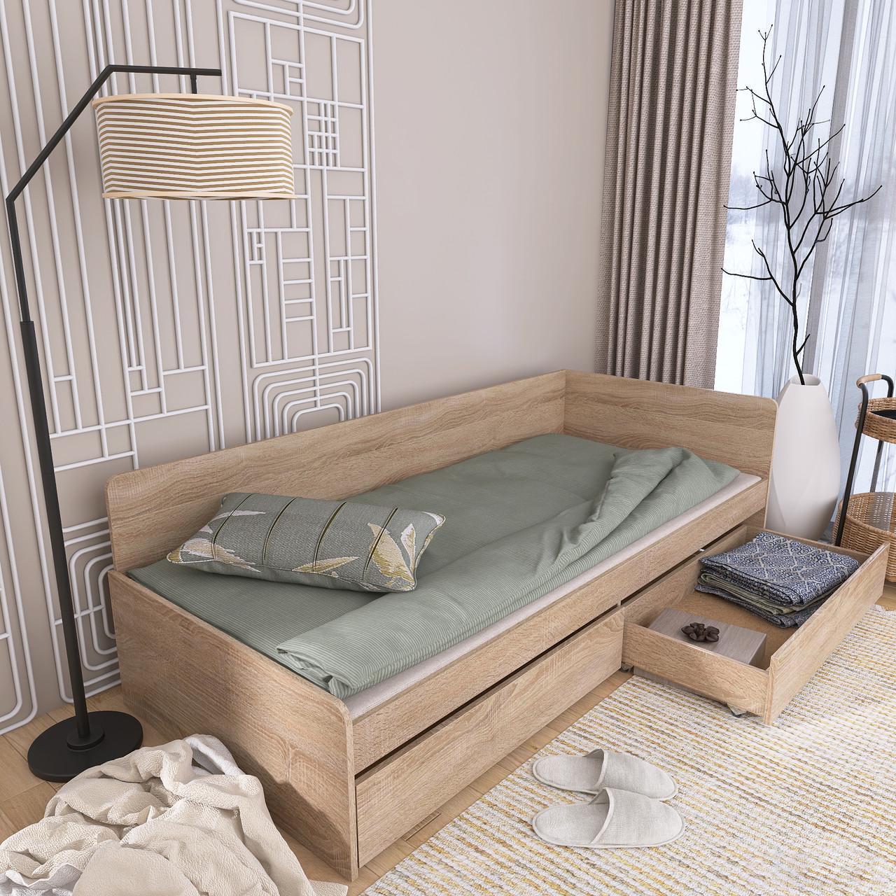 Кровать односпальная Эверест 800 сплошной щит с 2 ящиками Дуб сонома (е-20739.02)