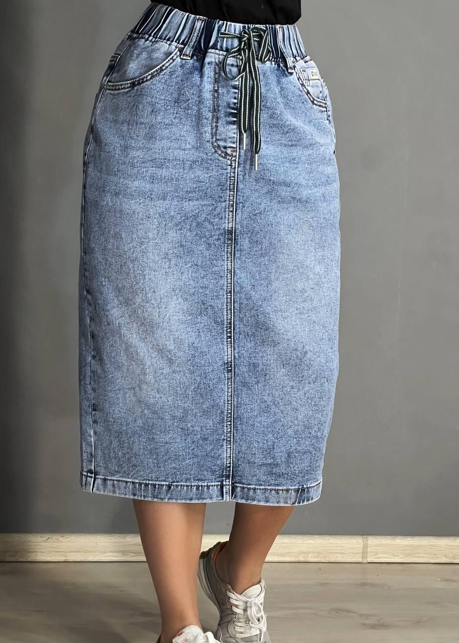 Юбка женская джинсовая ZJY 67501 талия на резинке со шнурком ниже колена разрез сзади р. 44 Голубой (3798) - фото 9