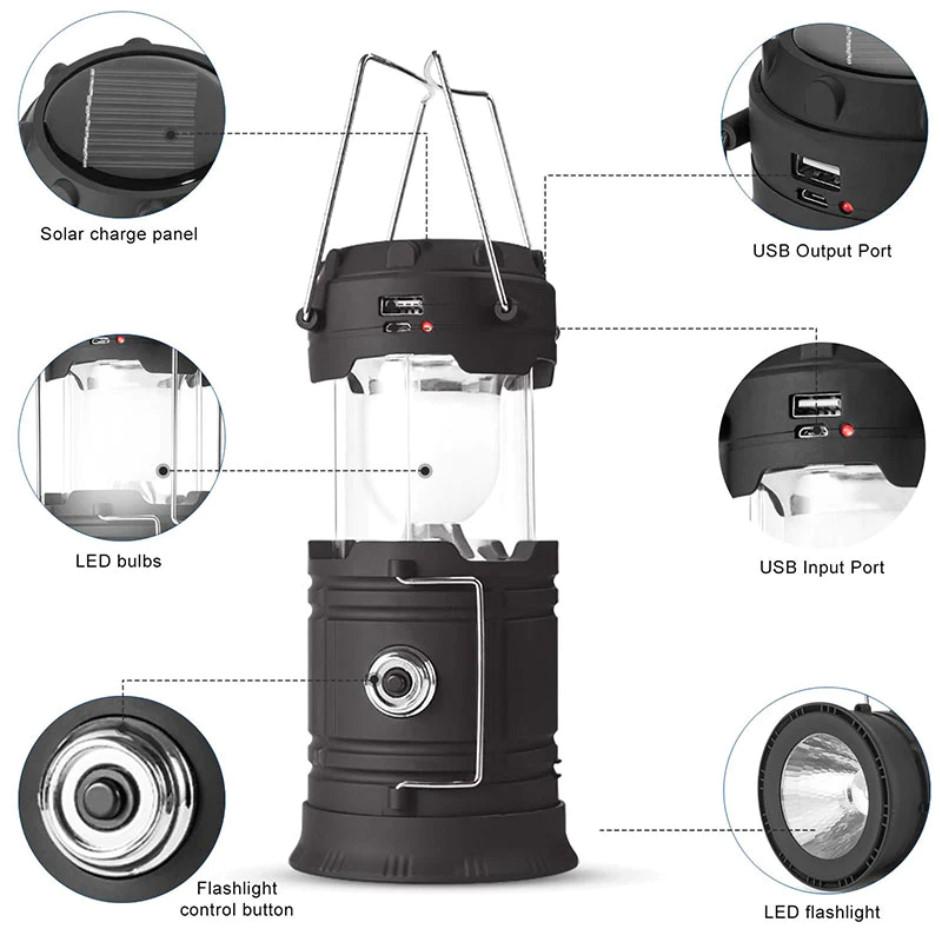 Ліхтар кемпінговий 7 LED акумуляторний на сонячній батареї 1800 мАг Чорний - фото 7