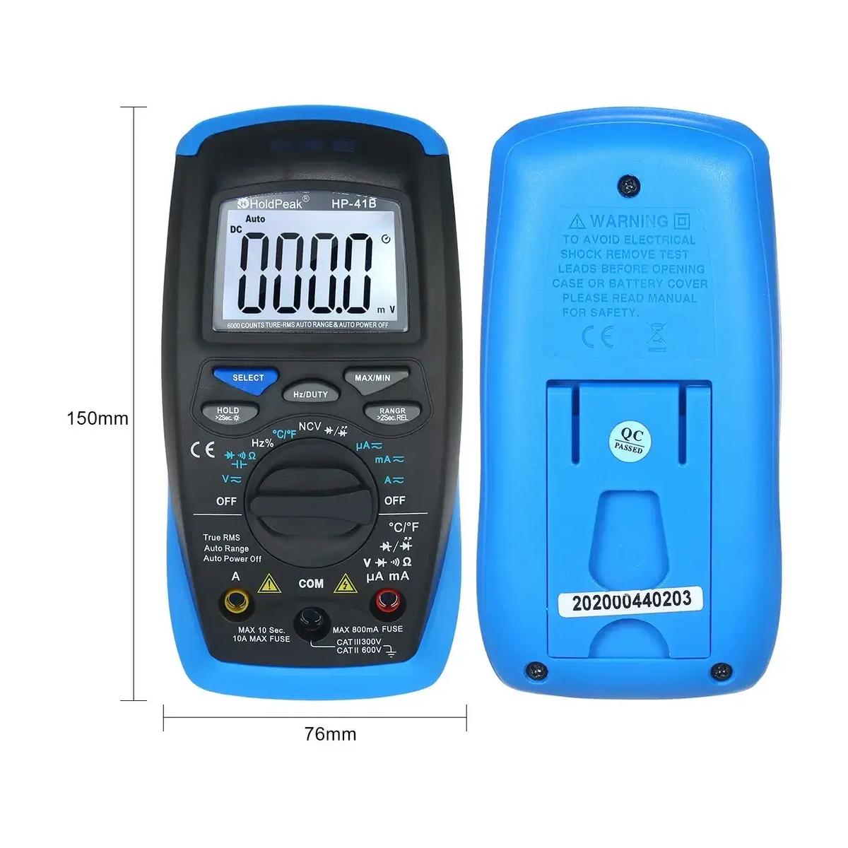 Мультиметр цифровой HoldPeak HP-41B TrueRMS 6000 отсчетов 600 В 10А AC/DC 60 МОМ 60mF 10MHz NCV - фото 4 Мультиметр цифровой HoldPeak HP-41B TrueRMS 6000 отсчетов 600 В 10А AC/DC 60 МОМ 60mF 10MHz NCV - фото 4