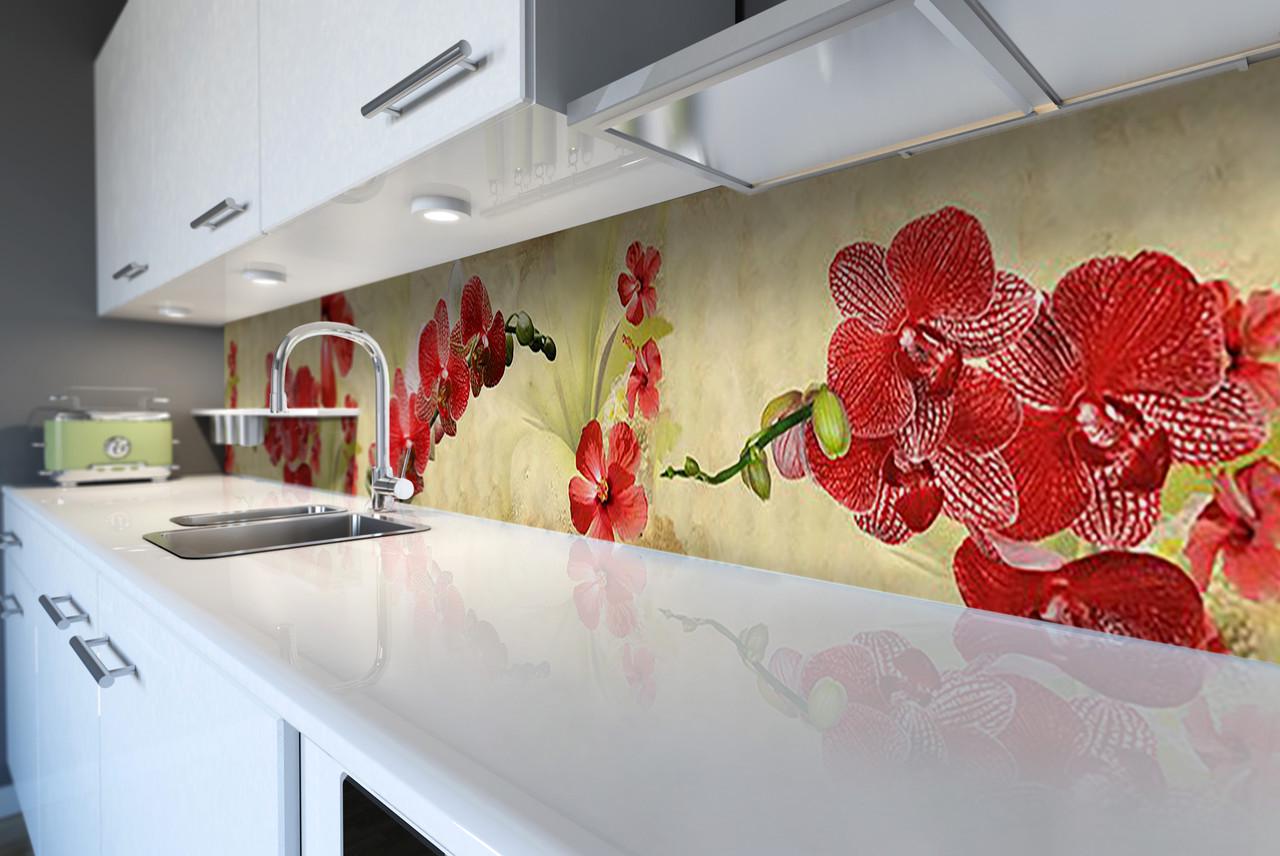 Кухонный фартук Ветки красных орхидей из самоклеющейся виниловой пленки 60х250 см Бежевый Кухонный фартук Ветки красных орхидей из самоклеющейся виниловой пленки 60х250 см Бежевый
