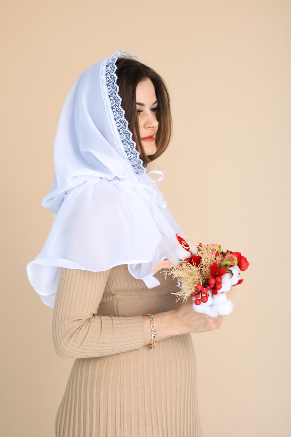 Палантин для храма на голову 80x120 см Белый (п005) - фото 2 Палантин для храма на голову 80x120 см Белый (п005) - фото 2