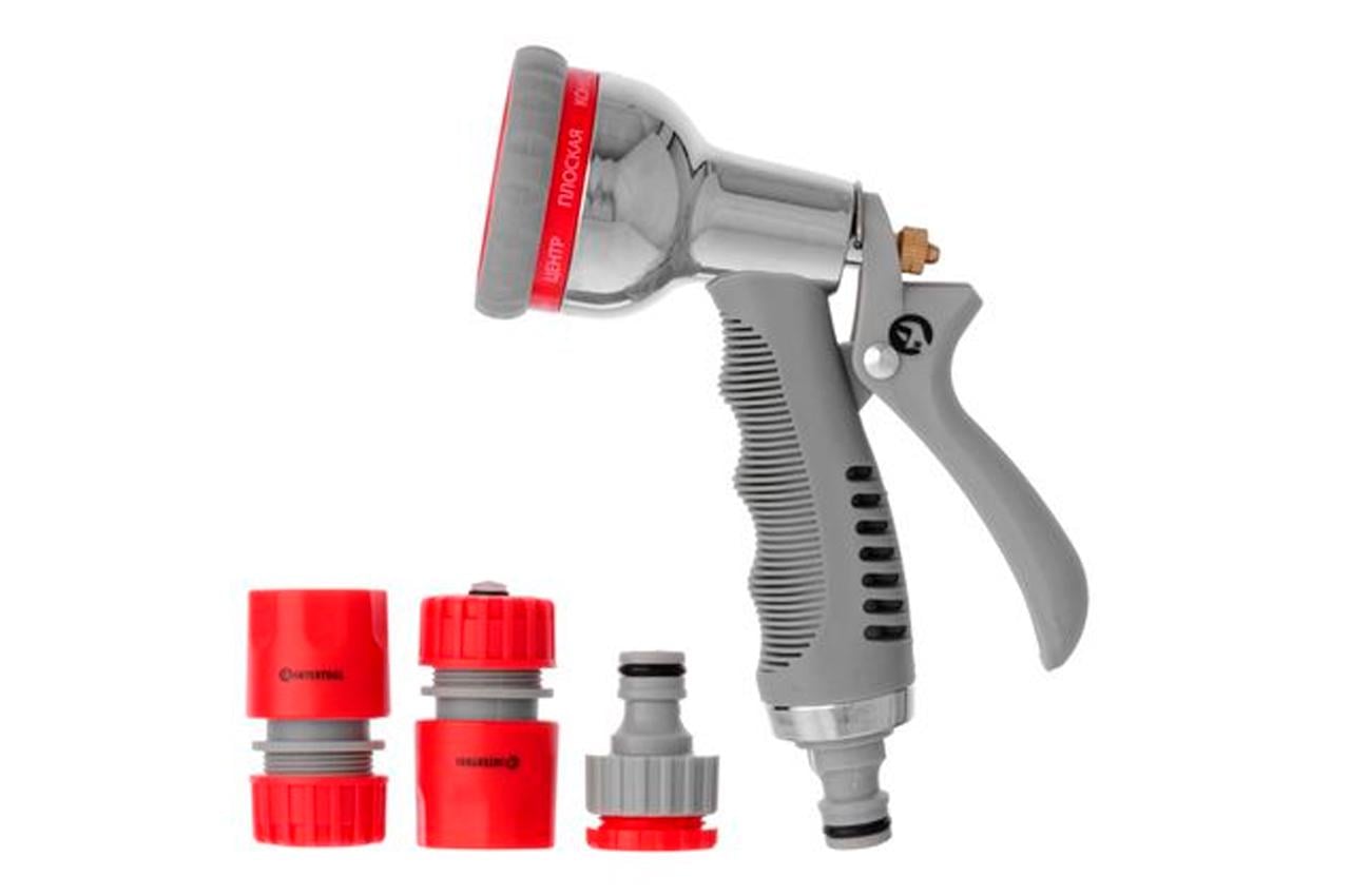 Пістолет-розпилювач для поливу Intertool 8 функцій хром x 1 адаптер x 2 коннектора (GE-0005)