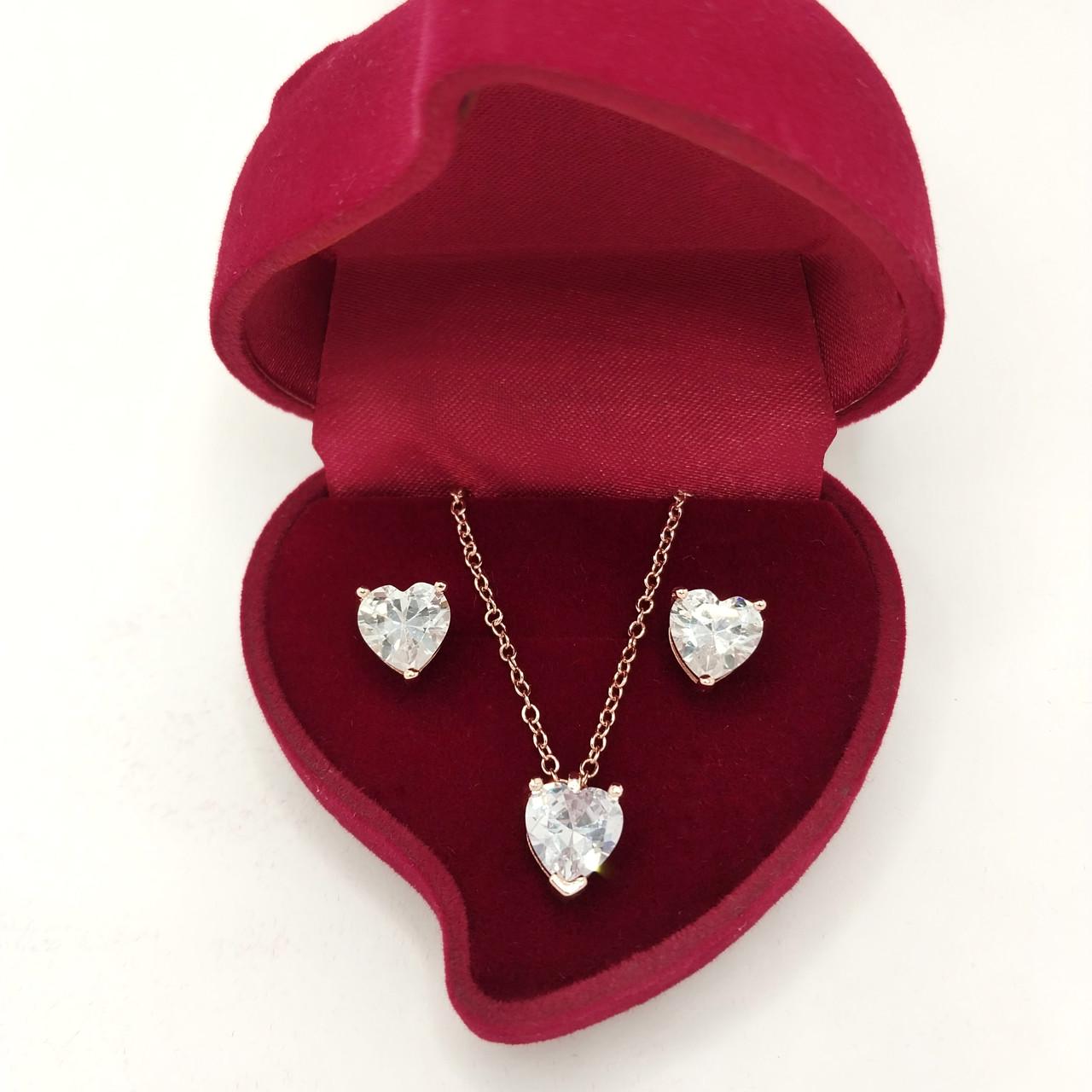 Набор украшений серьги и колье сияющие сердечки Xuping Jewelry медзолото с цирконами в бархатной коробочке (16243)