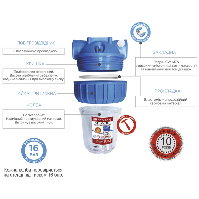 Фільтр магістральний для очищення води SANTAN Atlantic 3PS корпус та сітка/кріплення 1/2" (115113) - фото 3