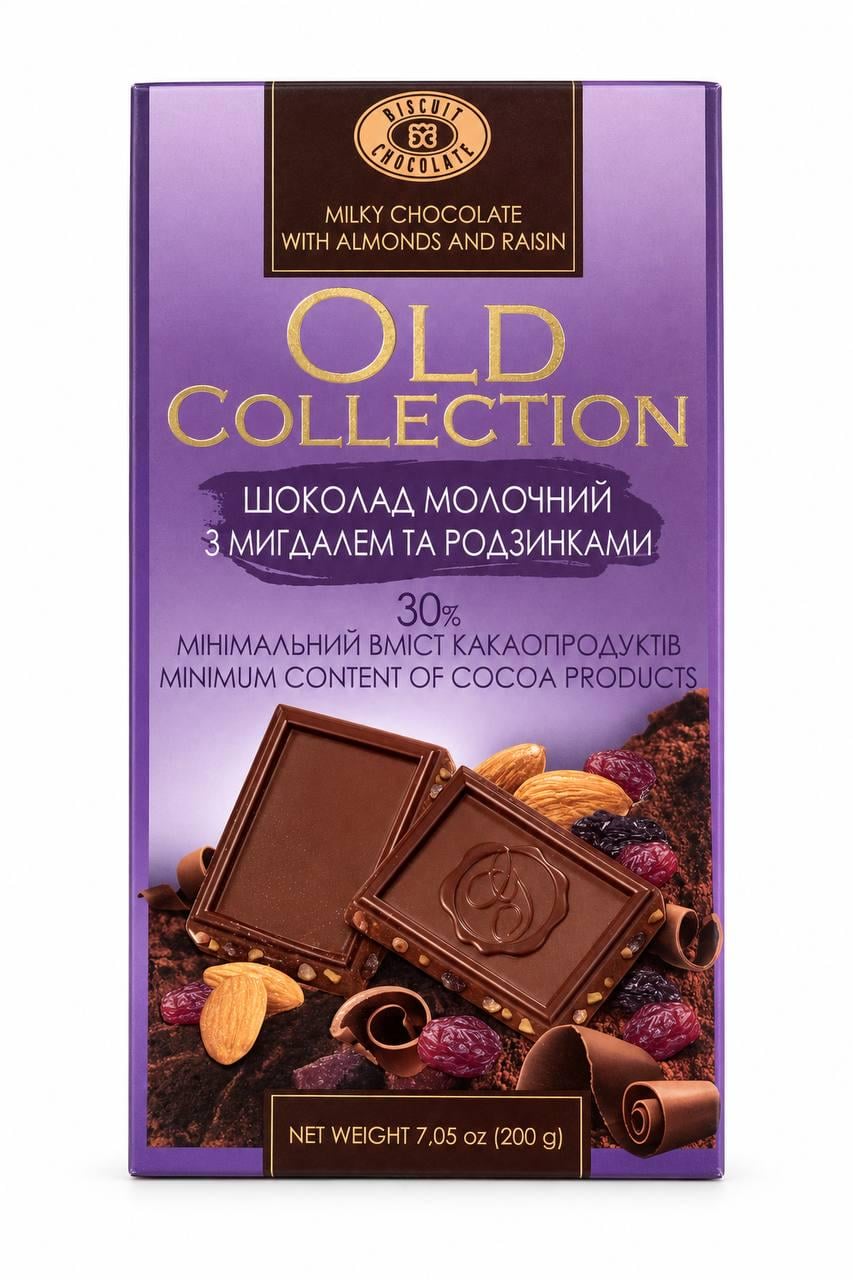 Шоколад Old Collection молочний із мигдалем та родзинками