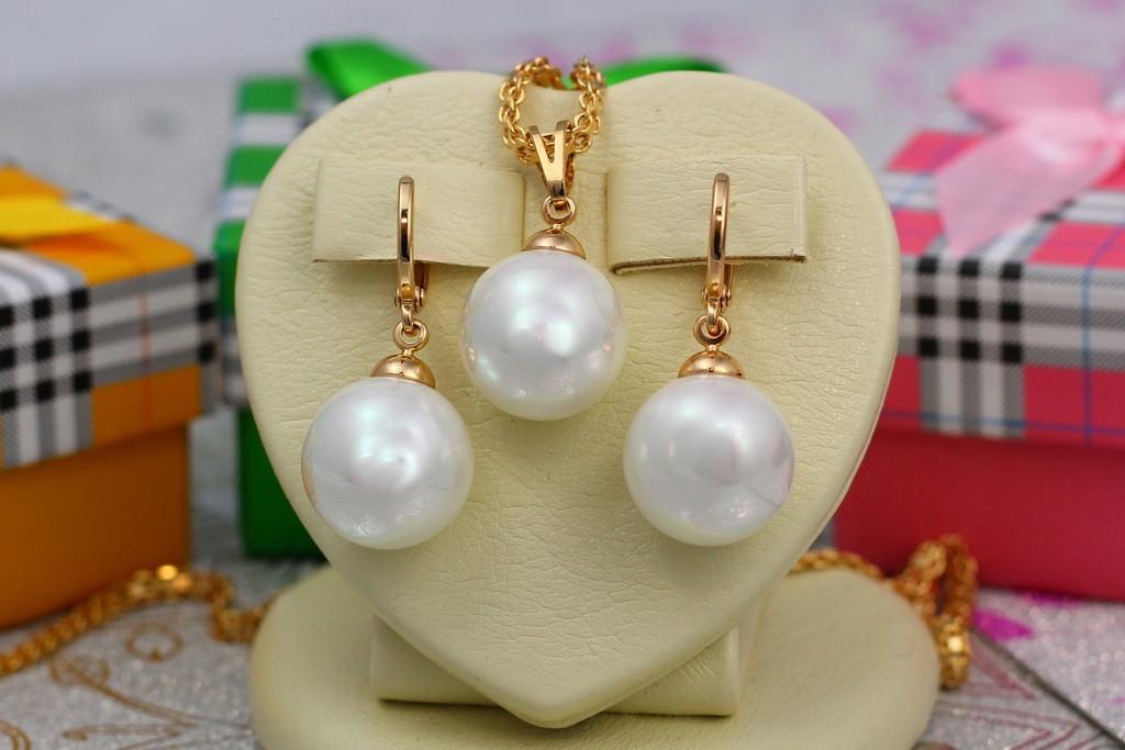 Комплект серьги подвески и кулон с жемчугом Xuping Jewelry 12 мм Золотистый (1580683119)