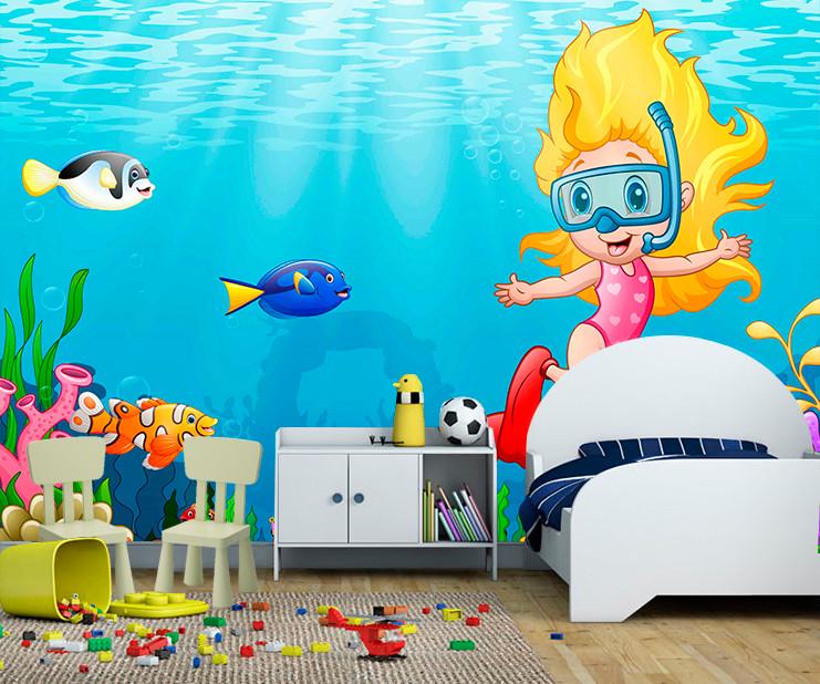Фотообои 3D для детской комнаты Девочка в маске и ластах