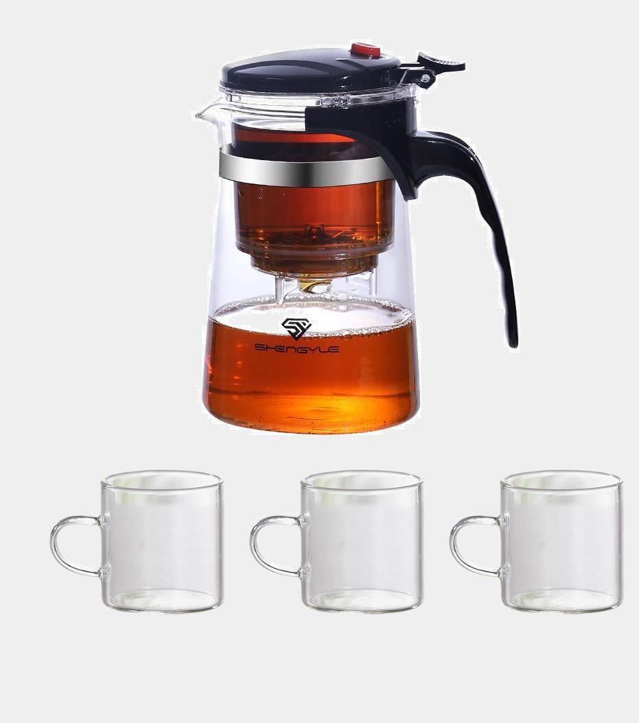 Набор заварочный чайник Гун Фу с кнопкой с 3 чашками 700 мл (24723820)