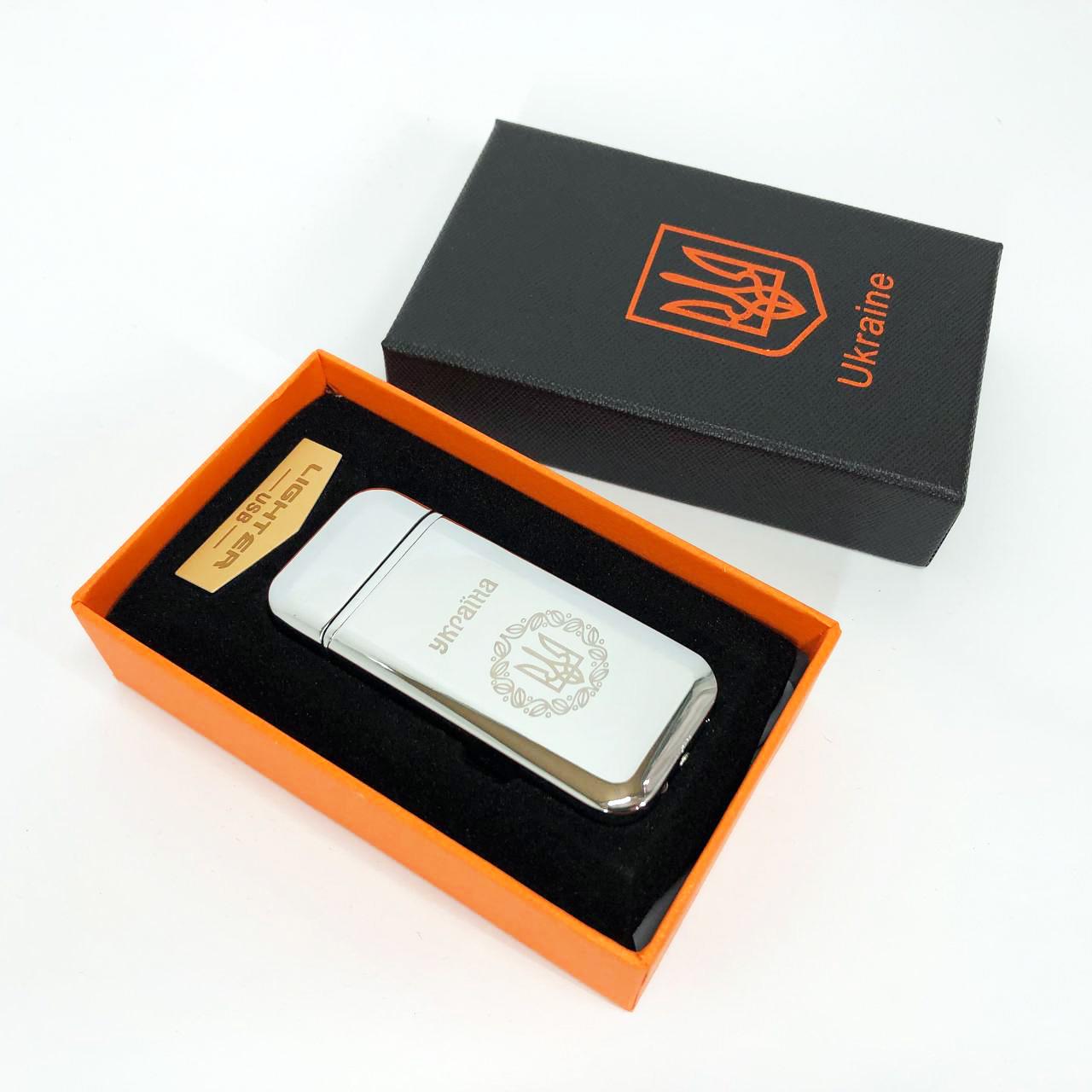 Зажигалка дуговая электроимпульсная зажигалка /USB Герб Украины индикатор заряда/фонарик Серебряный (HL-442) - фото 13