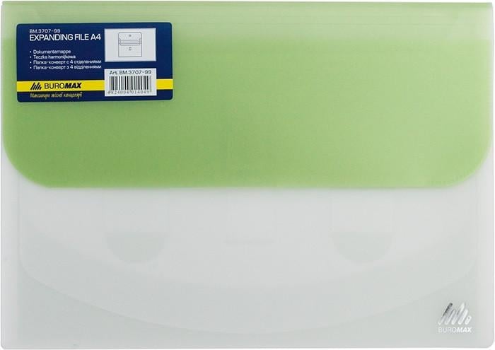 Папка-конверт Buromax TRAVEL BM.3707-99 на липучке 4 отделения матовый полупрозрачный пластик А4 Зеленый (4823078953360)