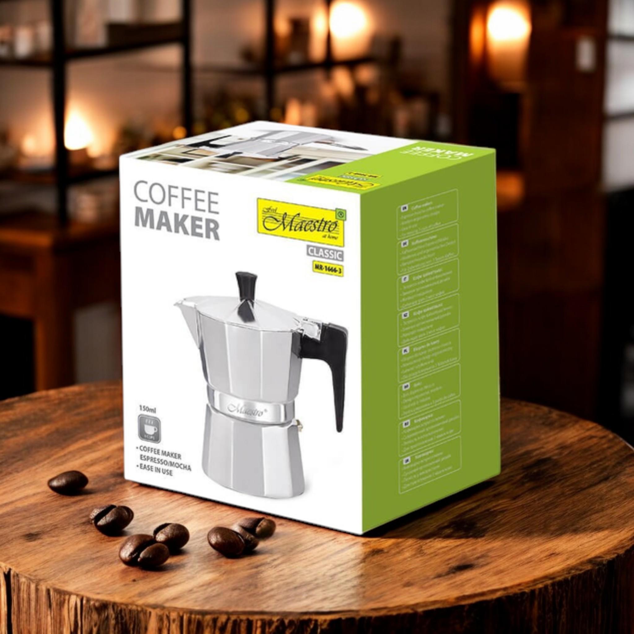 Кофеварка гейзерная Espresso Moka Maestro MR-1666-3 на 3 чашки алюминиевая 150 мл Silver (G_MR1666/3Silver) - фото 4 Кофеварка гейзерная Espresso Moka Maestro MR-1666-3 на 3 чашки алюминиевая 150 мл Silver (G_MR1666/3Silver) - фото 4