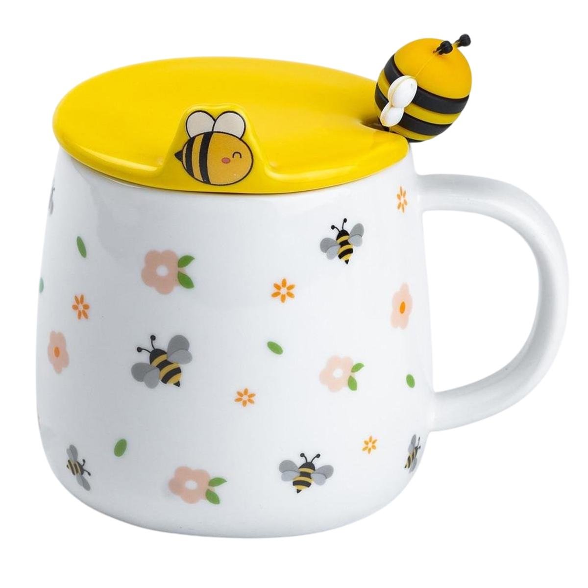 Чашка керамическая Bee flowers с крышкой и ложкой 450 мл (HP7199GR)