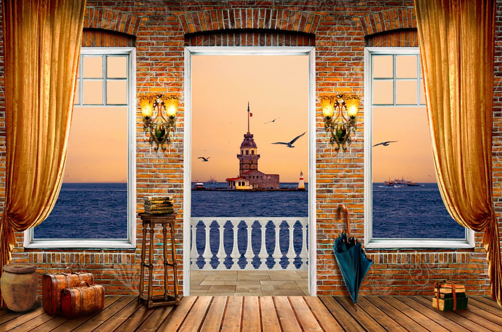Фотообои WS Wallpaper Окно с видом на маяк 150x100 см (1229103229)