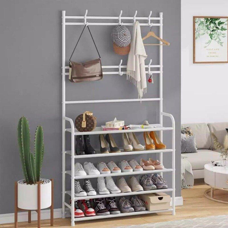 Вешалка для одежды в прихожую simple floor clothes rack с полками для обуви Белый (FG2)