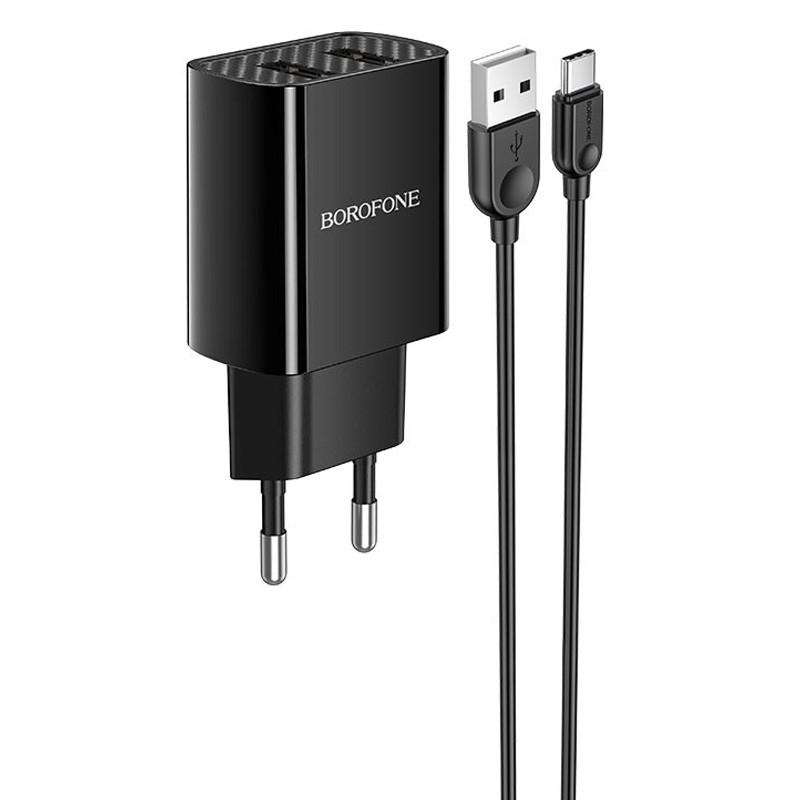 Зарядное сетевое устройство универсальное Borofone BA53A Powerway 2USB 2,1A с кабелем Type-C Black - фото 1