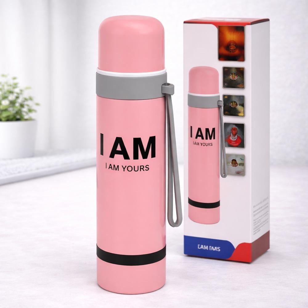 Термос спортивный 106511 500 мл из нержавеющей стали с кнопкой для питья и ремешком Розовый