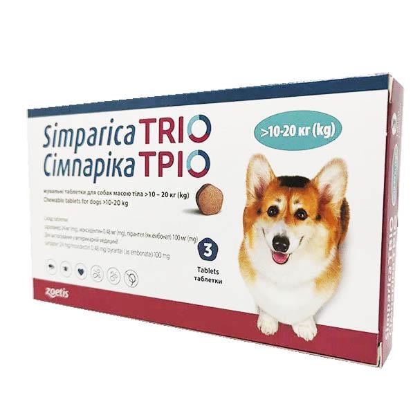 Пігулки протипаразитарні для собак Simparica Trio жувальні 10,1-20 кг 3 таб. (003274)