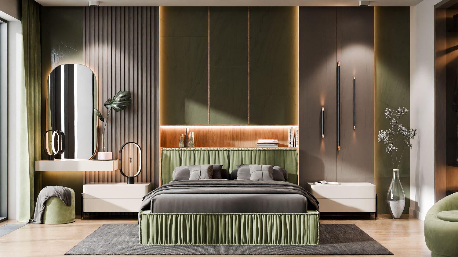 Кровать двуспальная с мягким изголовьем Світ Меблів Ванесса 3 с металлическим каркасом ДСП/ткань велюр 180x200 см Оливковый Кровать двуспальная с мягким изголовьем Світ Меблів Ванесса 3 с металлическим каркасом ДСП/ткань велюр 180x200 см Оливковый