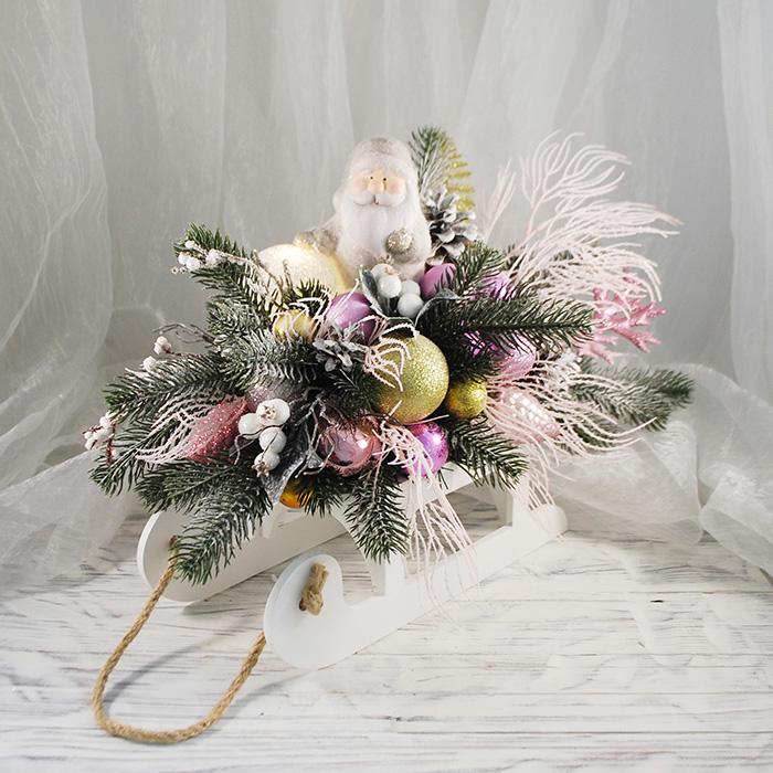 Новогодняя композиция Сани большие 50 см Розовый/Белый (4696598) - фото 3