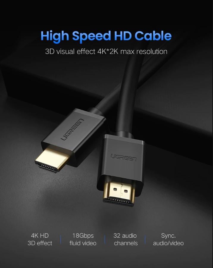Кабель видео Ugreen HDMI 2,0 4K 3D 2 м Black (HD104) - фото 2 Кабель видео Ugreen HDMI 2,0 4K 3D 2 м Black (HD104) - фото 2