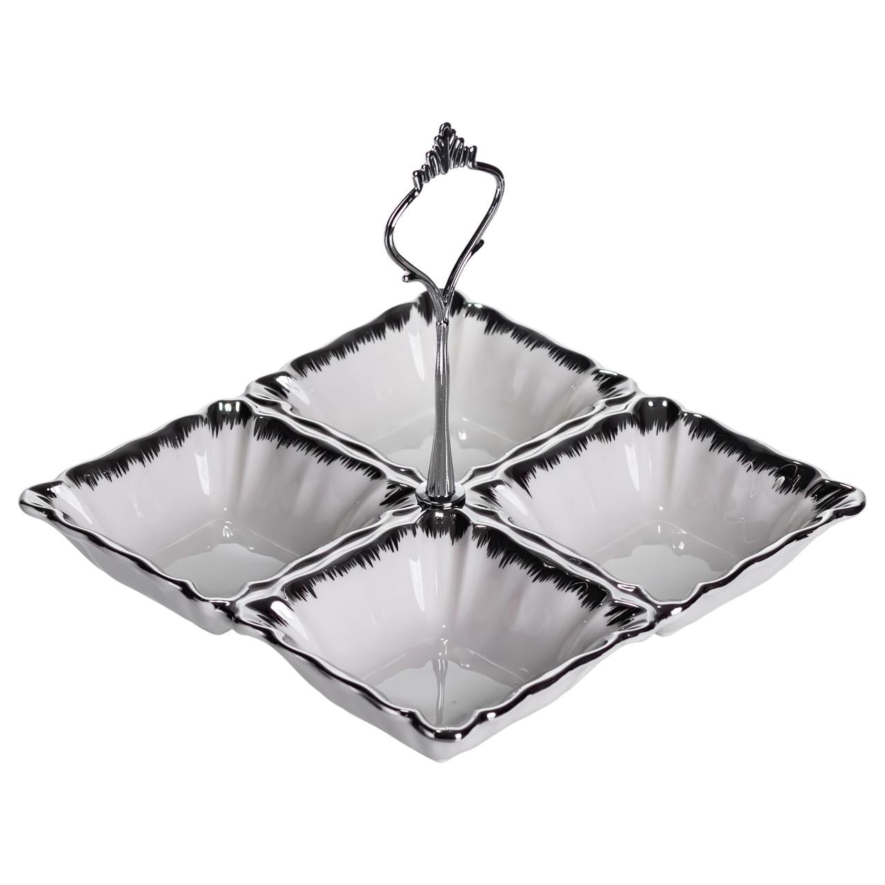 Менажниця порцелянова на 4 секції для закусок з ручкою 18х18х3 см Білий з сріблом (LC-BYL-100-S)