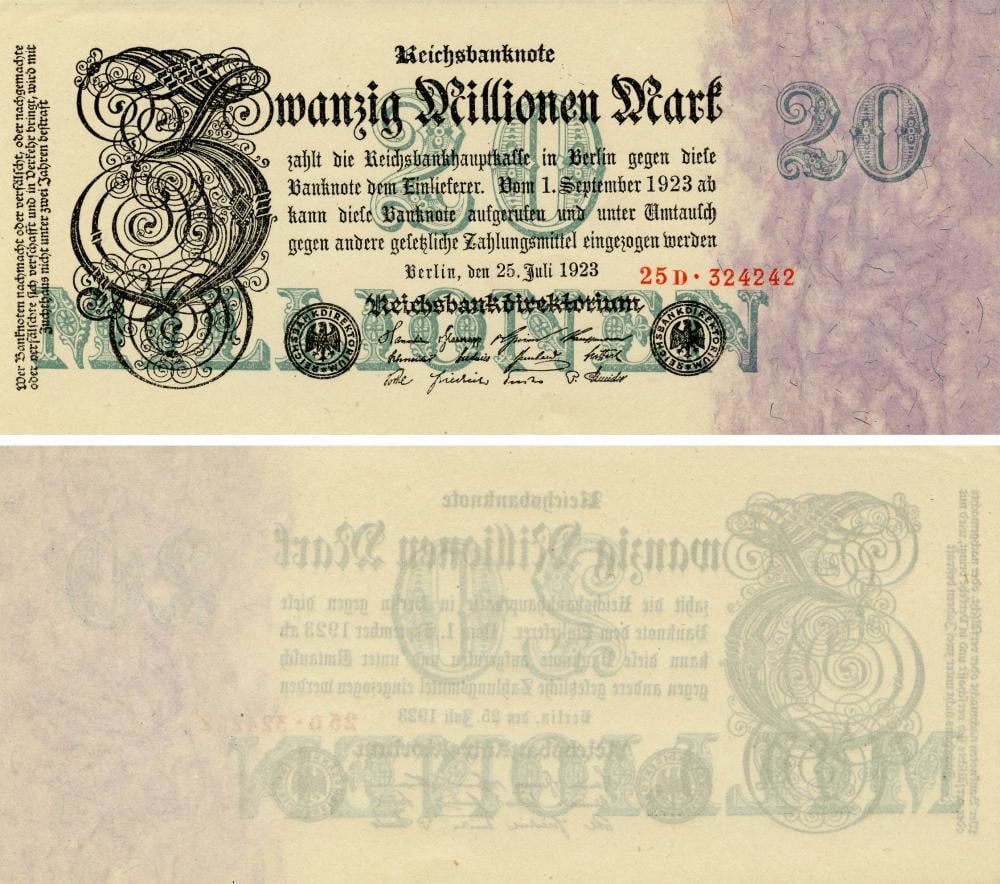 Коллекционная банкнота Германия 20000000 марок 1923 AU-UNC P97 (Б17963)