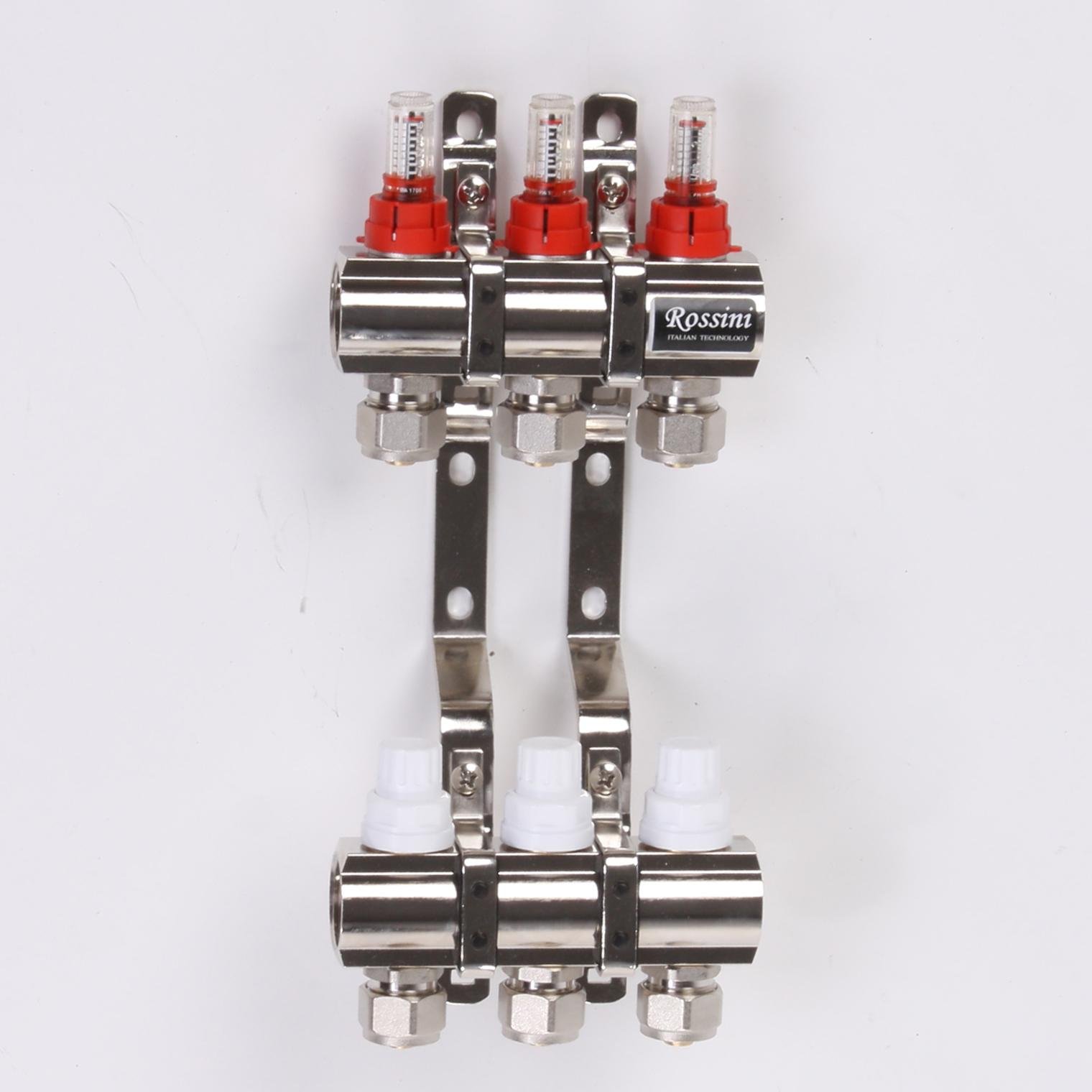 Колектор теплої підлоги Rossini на 3 контури з витратомірами та євроконусами