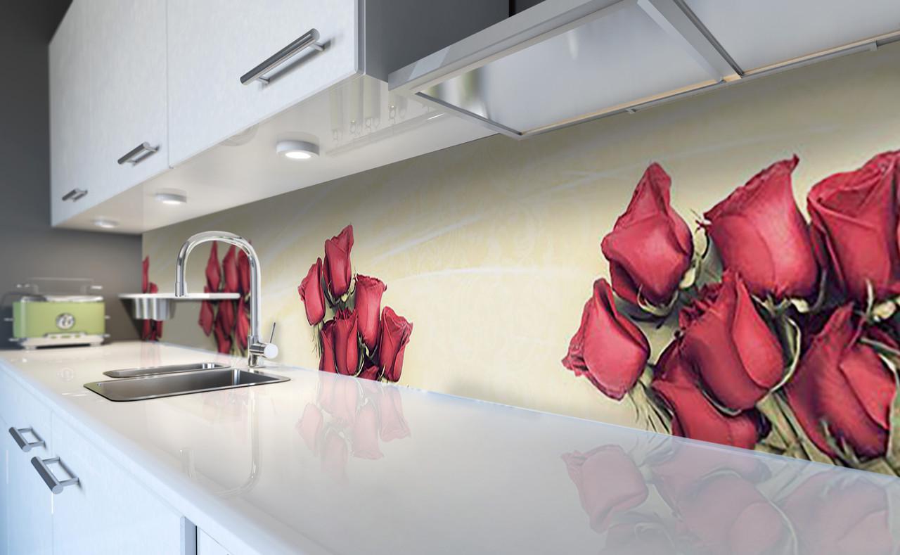 Кухонный фартук Бутоны алых роз из самоклеющейся виниловой пленки 65х250 см Бежевый