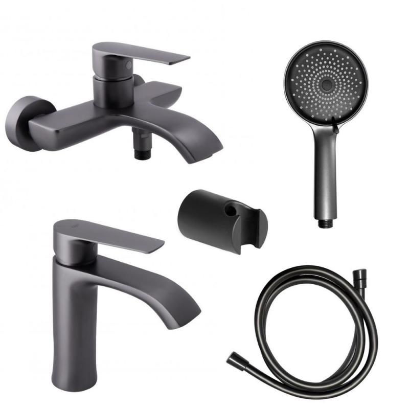 Набор смесителей для ванны Qtap ZELNAVA QTZELN1050101G/QTZELN3050101G с душевым гарнитуром Графитовый
