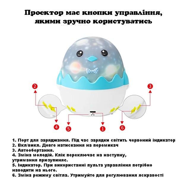 Ночник детский проектор музыкальный Пингвин космос на пульте управления проекции 13 слайдов Голубой - фото 6