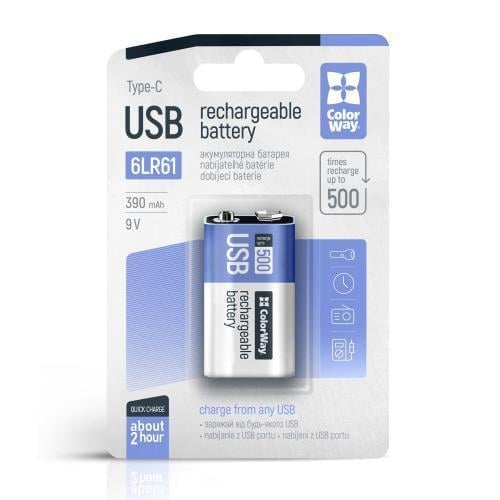 Аккумулятор 6LR61 390 mAh ColorWay 9V Type-C 5V 500 mA Li-Pol (CW-UB9V-06)