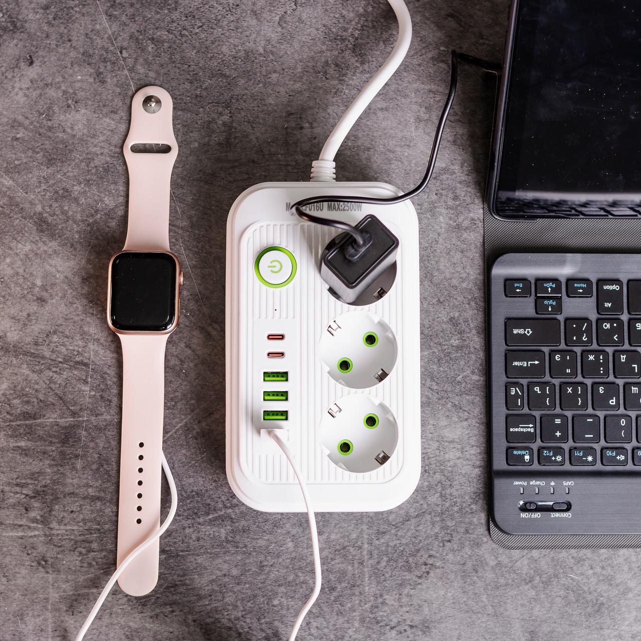 Фильтр сетевой кабель F16 на 3 розетки 4 USB 2 type-c и кнопкой отключения HP-5-19 2,7 м Белый (A-034380) - фото 2