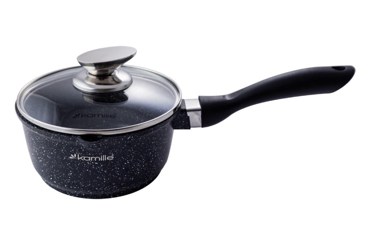 Ковш антипригарный Kamille Marble с крышкой 160 мм 1,35 л Black (11648144)