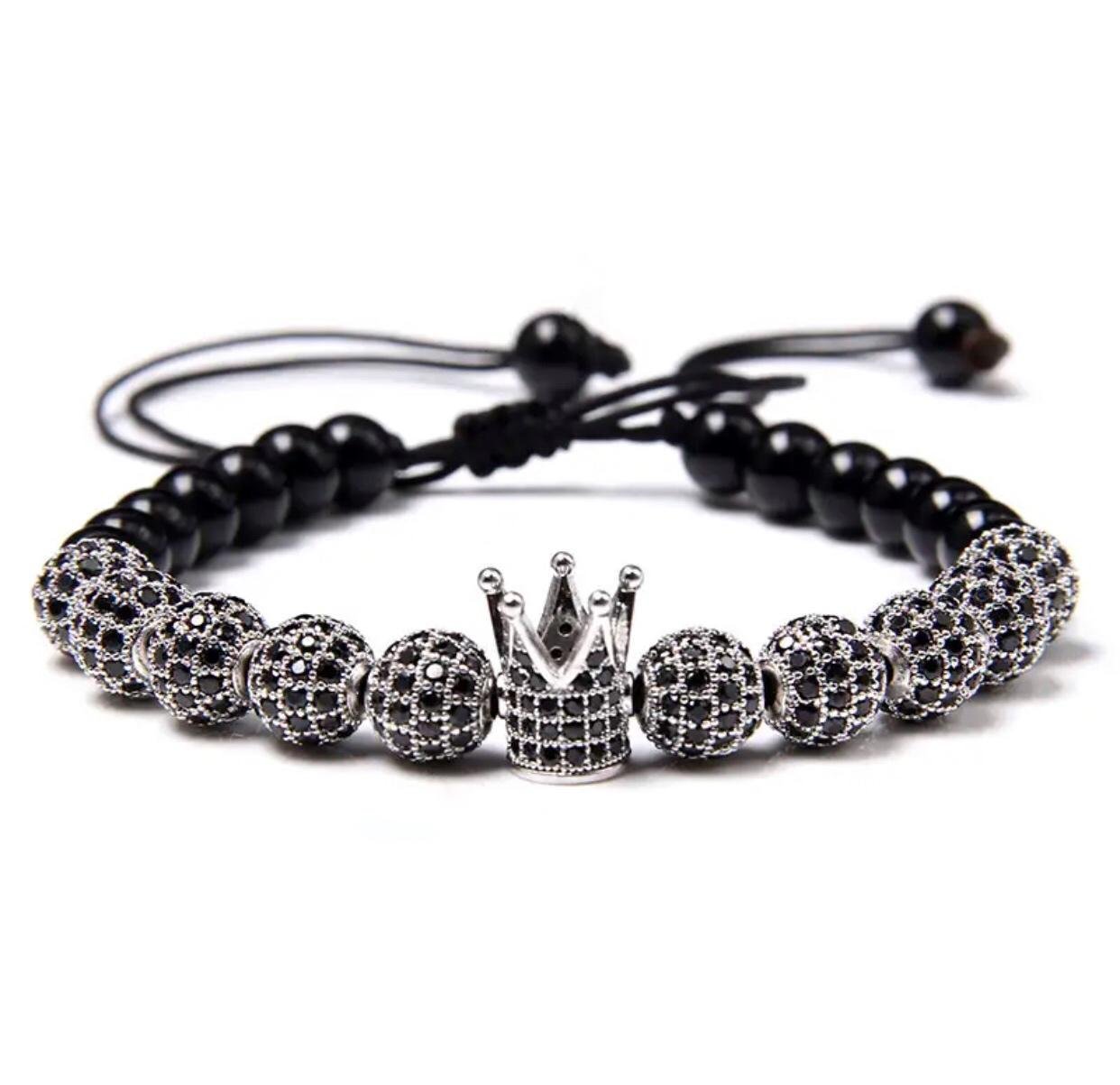 Браслет з агату зі короною та кулями р. 22 Срібний/Чорний (20068)