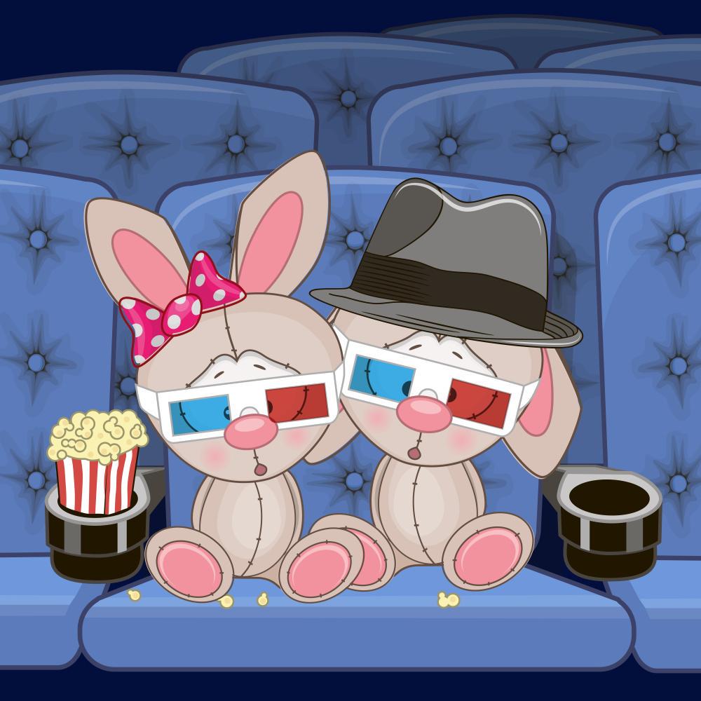 Картина по номерам Strateg Премиум Зайчата в кинотеатре с лаком и уровнем 30х30 см (ES167)