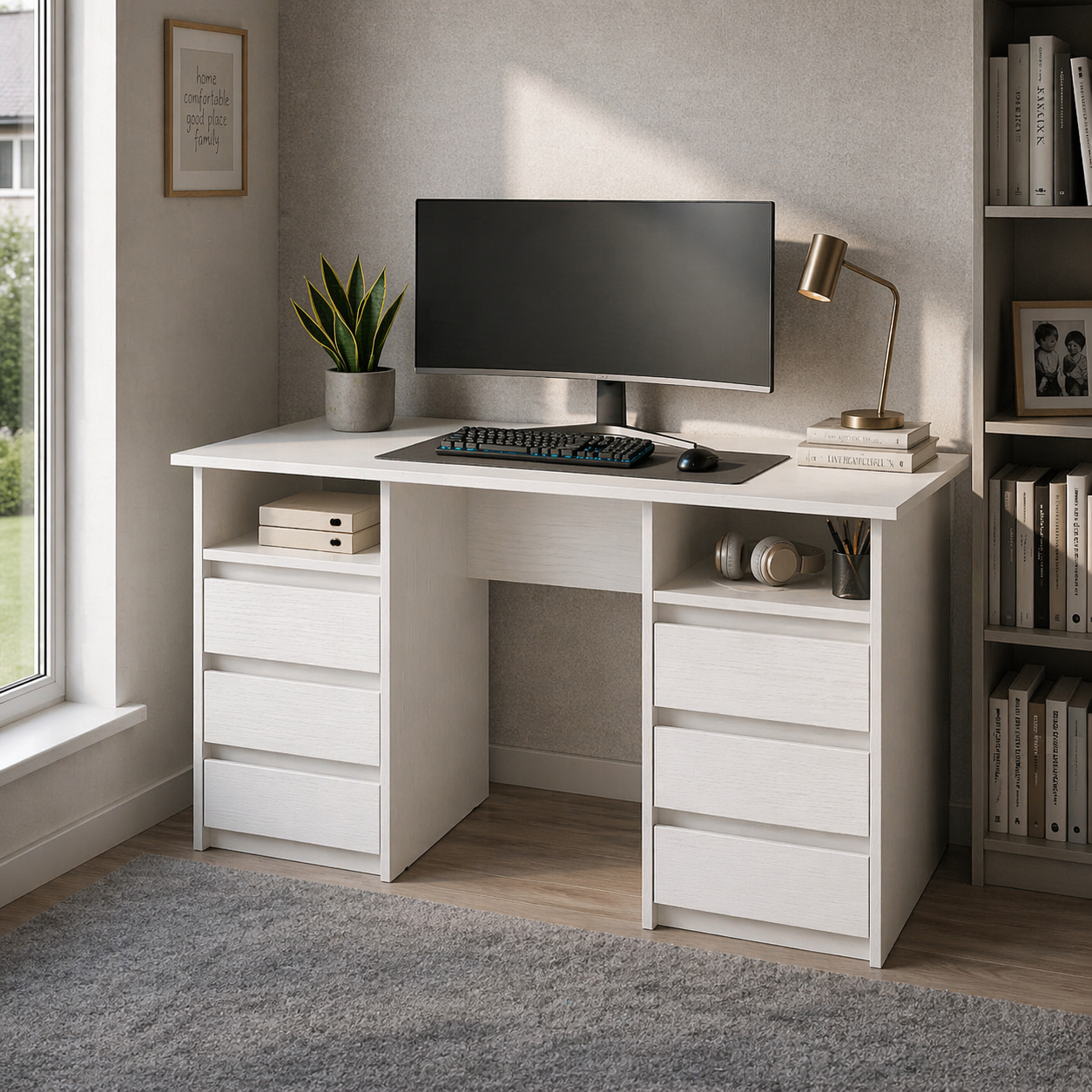 Письменный стол V-Star WD4 с 6 ящиками и двумя тумбами ЛДСП 1400х600х736 мм Белый (34142296)