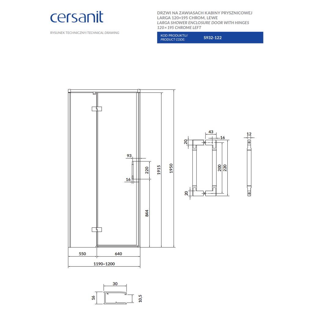 Душові двері у нішу Cersanit Larga L S932-122 120x195 см профиль Хром (215614) - фото 3 Душові двері у нішу Cersanit Larga L S932-122 120x195 см профиль Хром (215614) - фото 3
