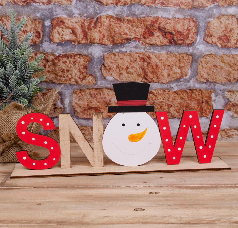 Статуэтка новогодняя деревянная SNOW со снеговиком (2348-2)