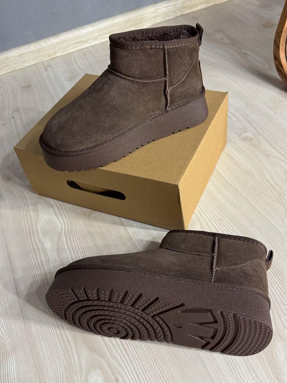 Угги женские Hengji 25-7 натуральная замша короткие на высокой подошве р. 37 Коричневый (5299) - фото 2