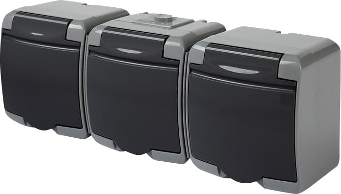 Розетка зовнішня потрійна ETI RHE-3s-SRG із заземленням/кришкою графіт IP54 Сірий (4668108)